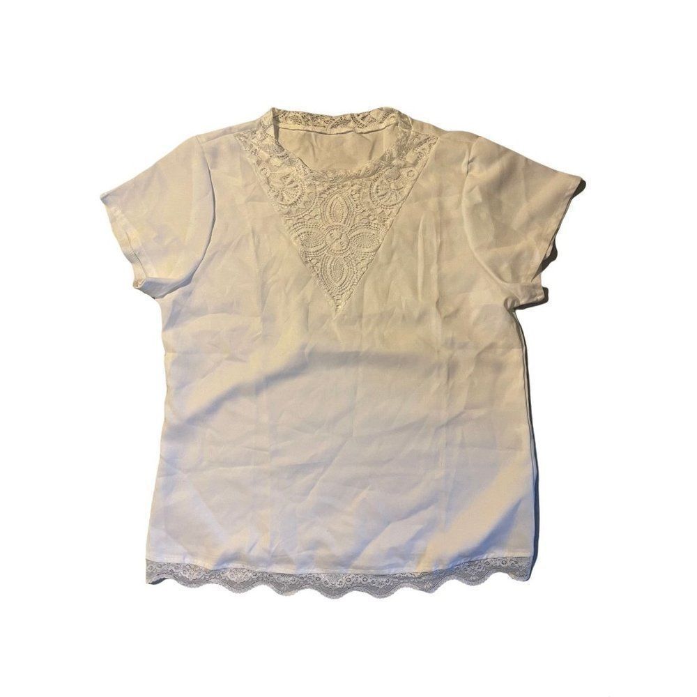 Womens White Floral Lace Edge Short Sleeve Round Neck Blouse Top Size Large